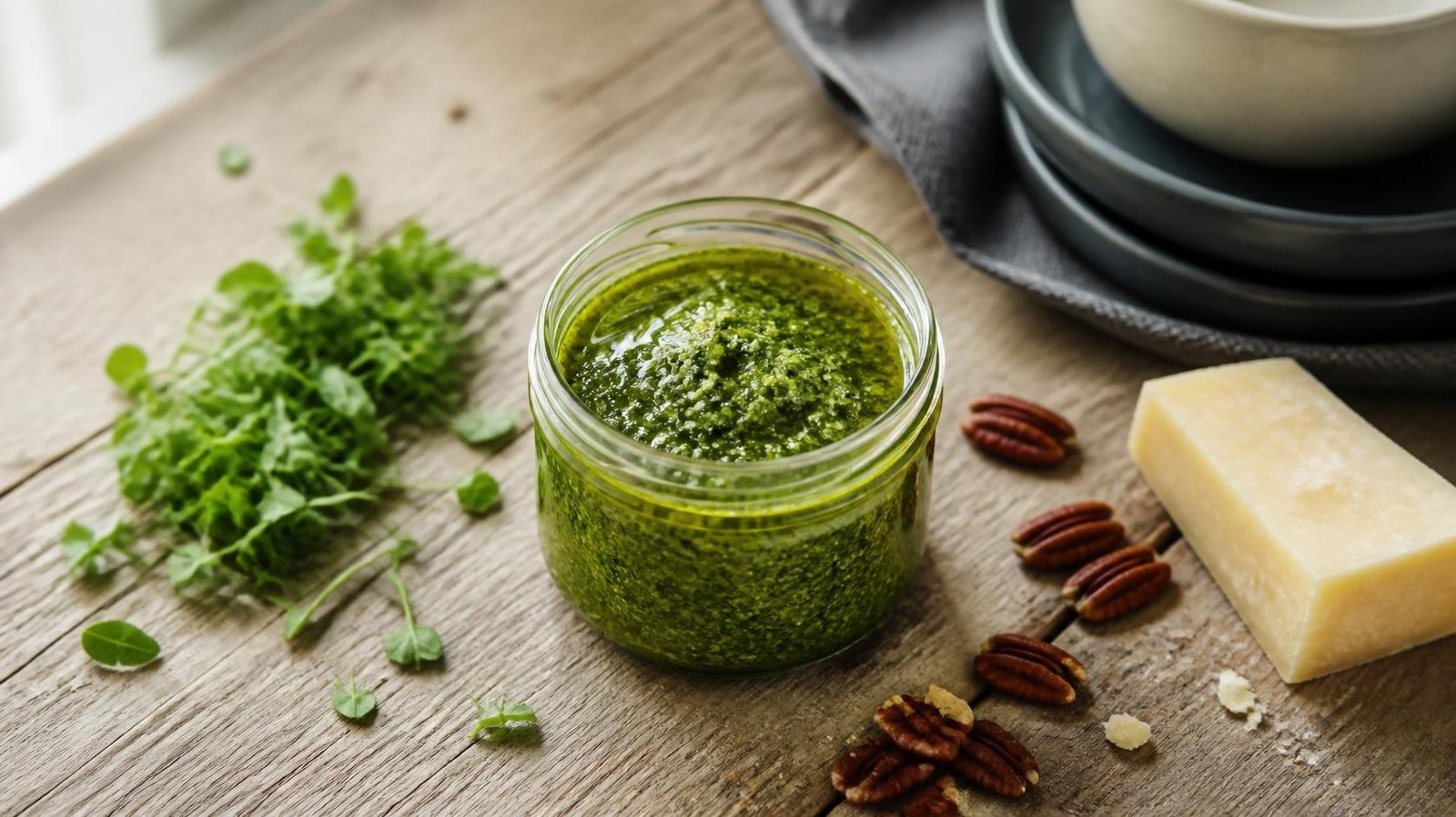 A jar of arugula microgreen pesto with pecans and parmesan