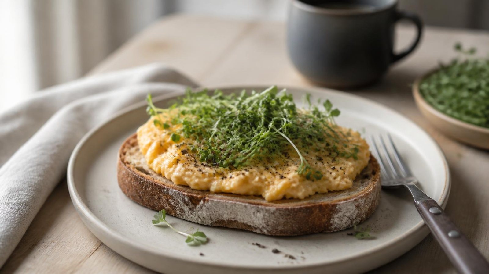 Soft scrambled eggs on sourdough toast scattered with broccoli microgreens