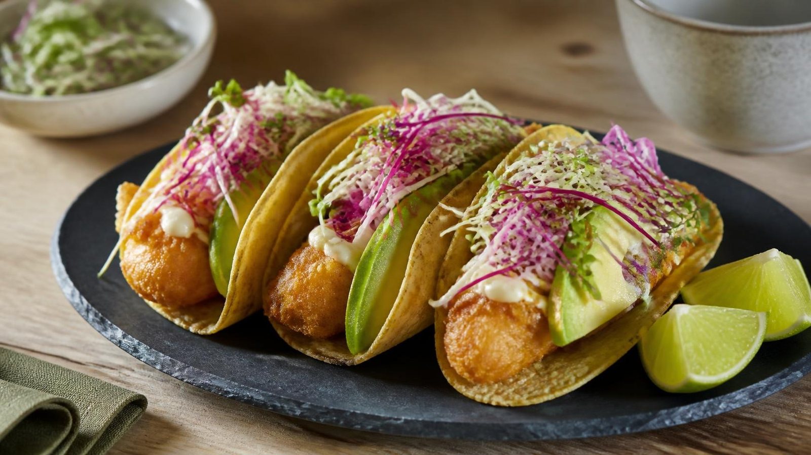 Fried fish tacos topped with a cabbage microgreen slaw and lime
