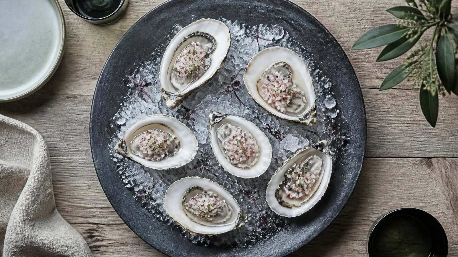 Raw oysters on ice topped with a radish microgreen mignonette
