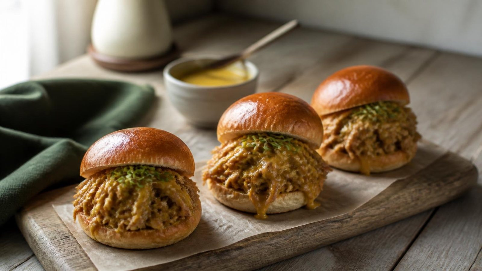 Pulled pork sliders with South Carolina mustard sauce and mustard microgreens