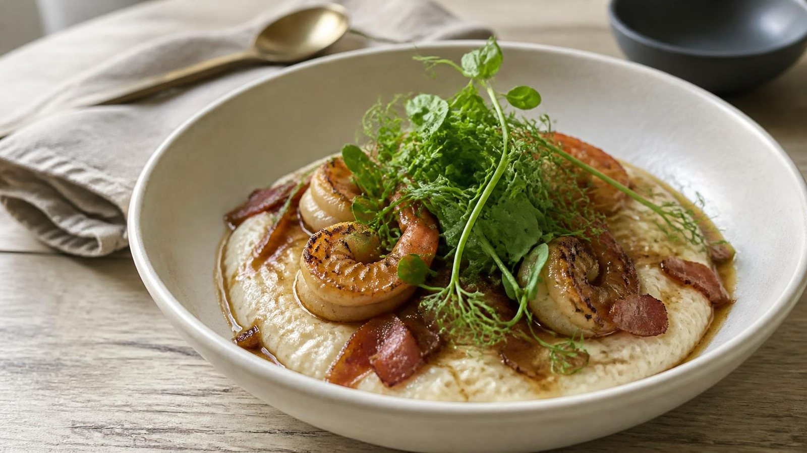 Shrimp and grits topped with fresh pea shoot microgreens in a cream ceramic bowl