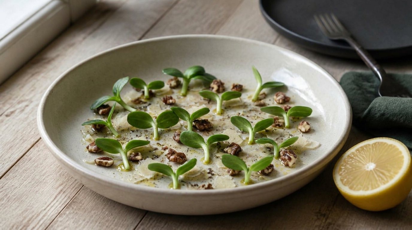 Sunflower shoot microgreen salad with toasted pecans, shaved parmesan and lemon