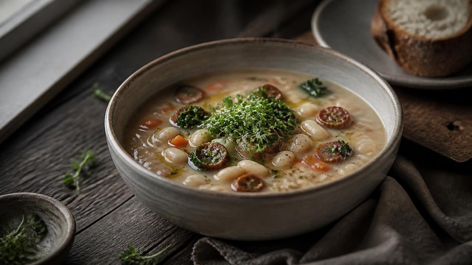 White bean and sausage soup finished with kale microgreens